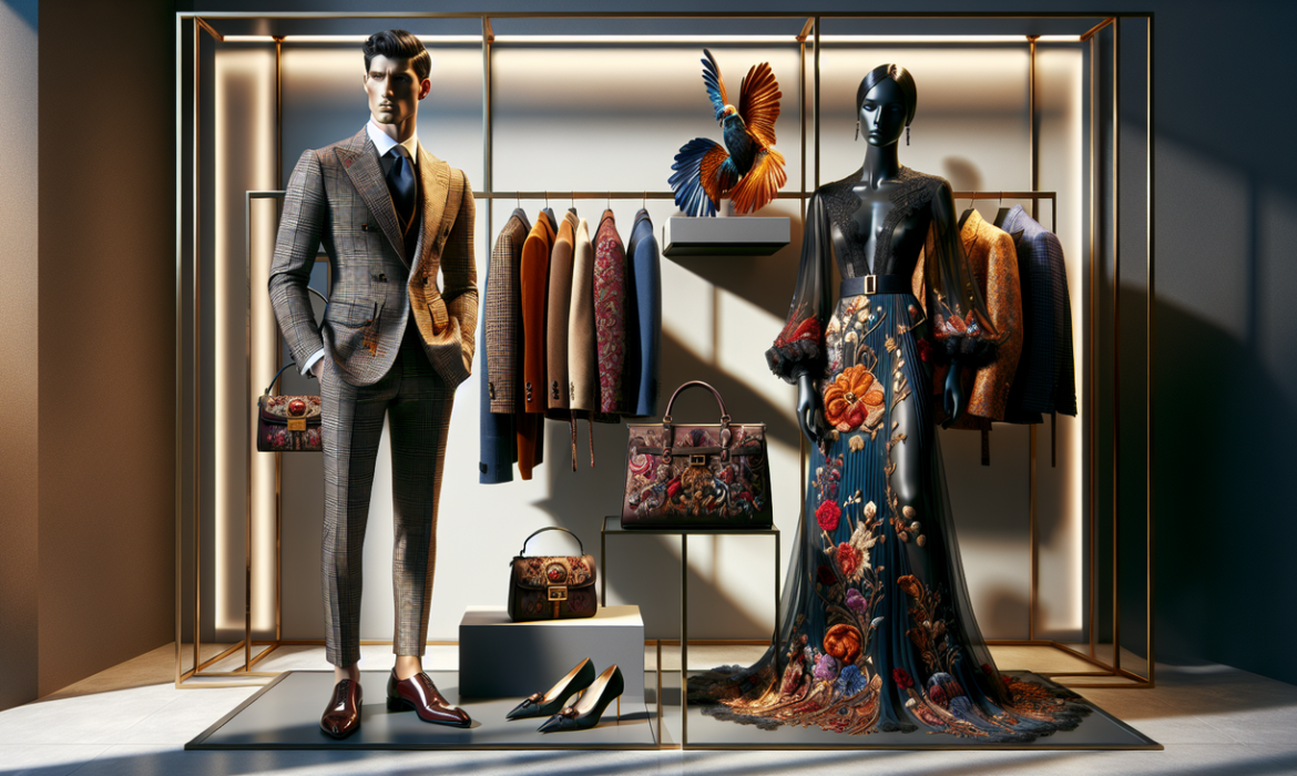 Marque vêtement en F, mannequins homme et femme stylisés, accessoires chics, ambiance boutique luxe.